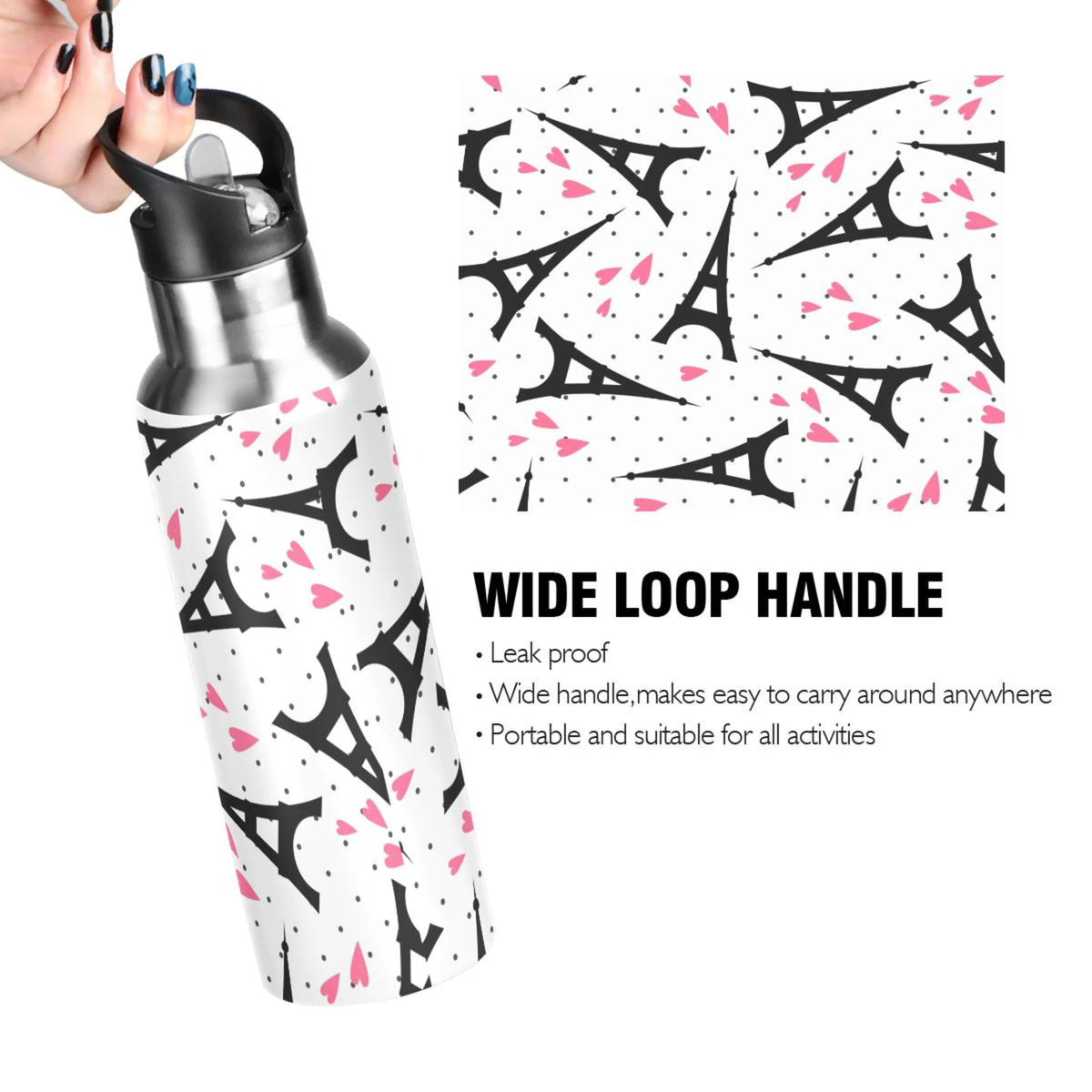 Stainless Steel Insulated Vacuum Flask Water Bottle with Straw Lid M8958