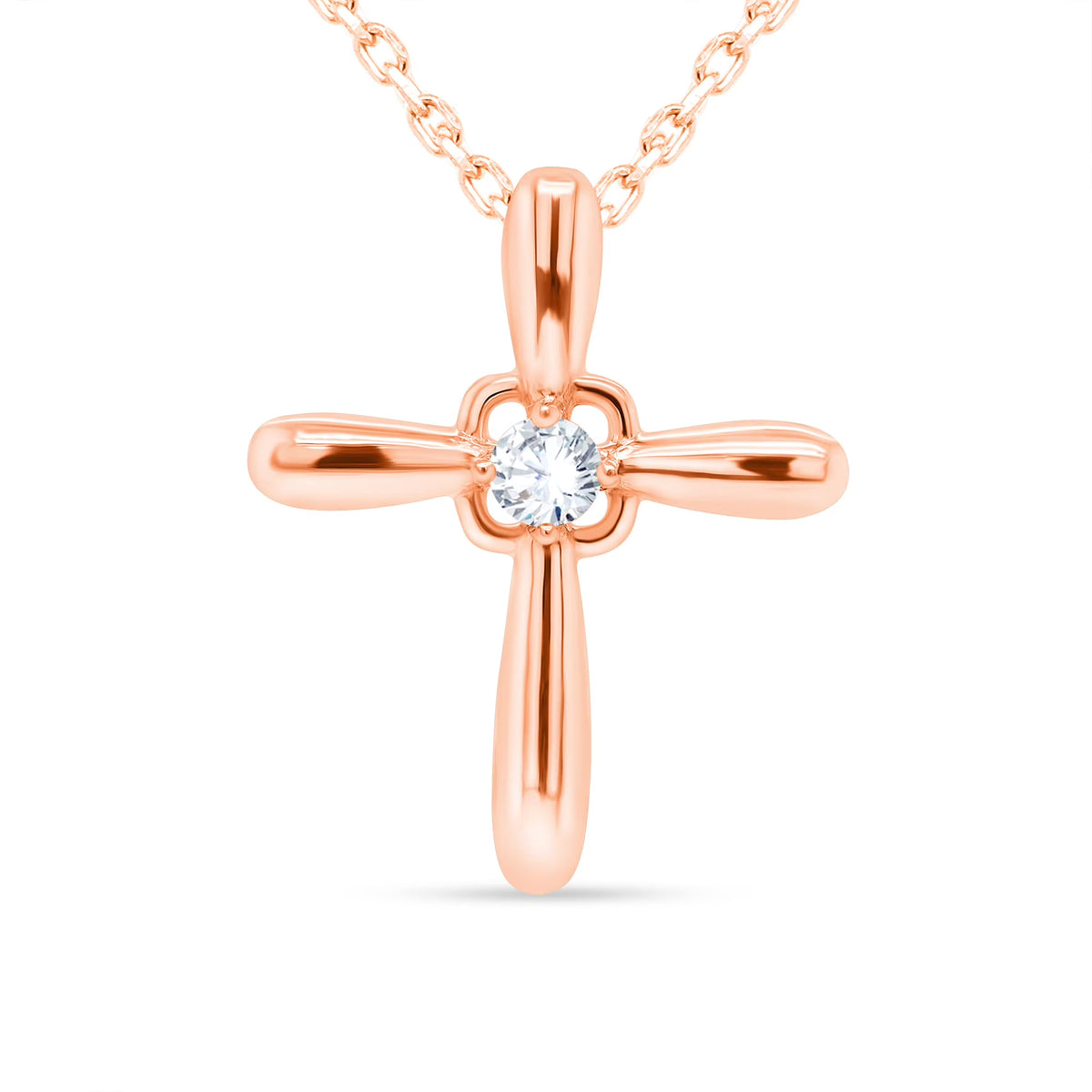 14K Rose Gold Diamond Cross Necklace Pendant, 18 Inch Chain G6101