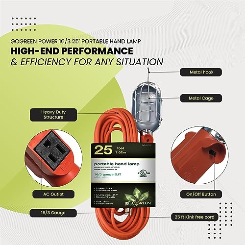 25ft Portable Hand Lamp with Kink-Free Cord and Swivel Hook Z239603