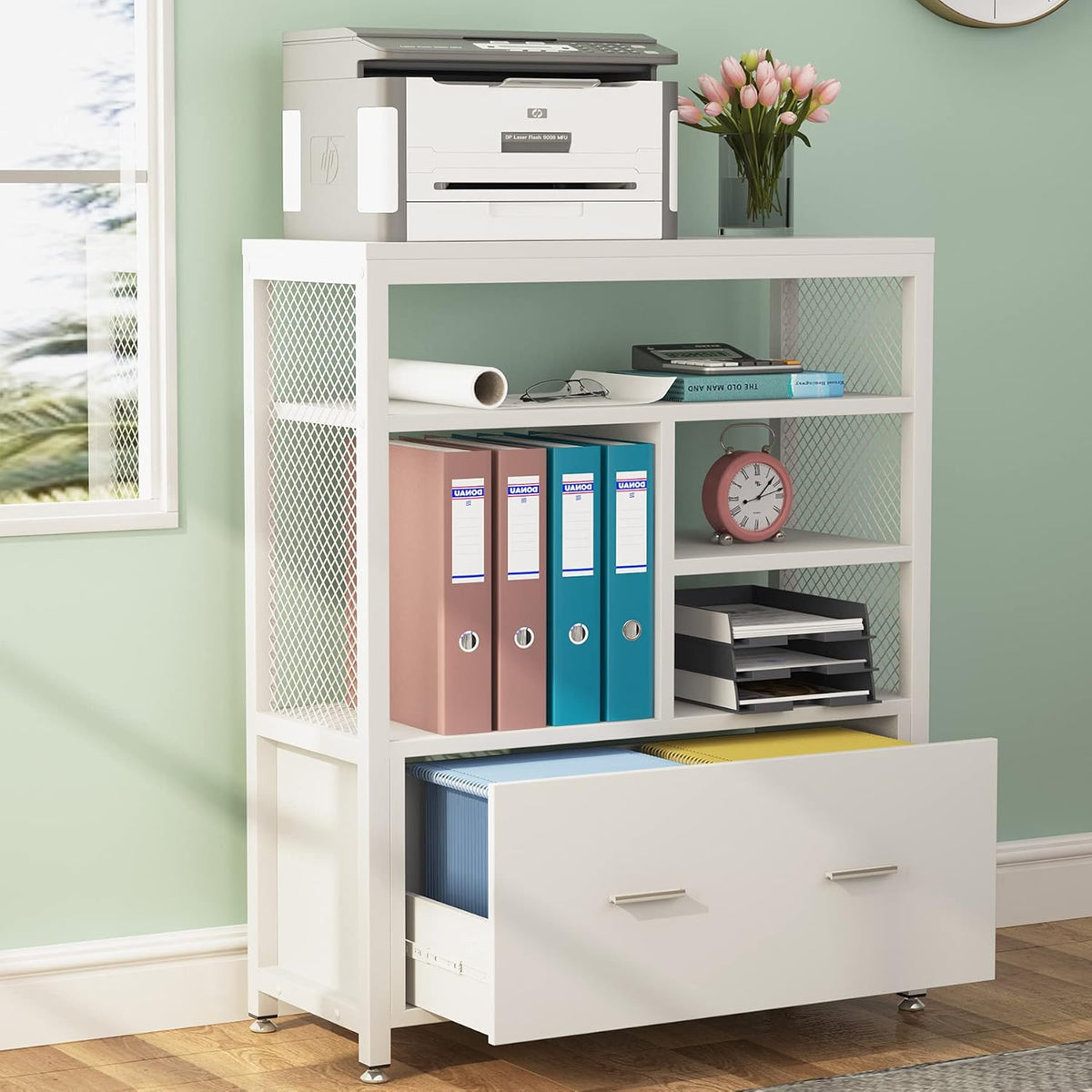 White Wood Lateral File Cabinet with Drawer and Open Storage Shelves P1542