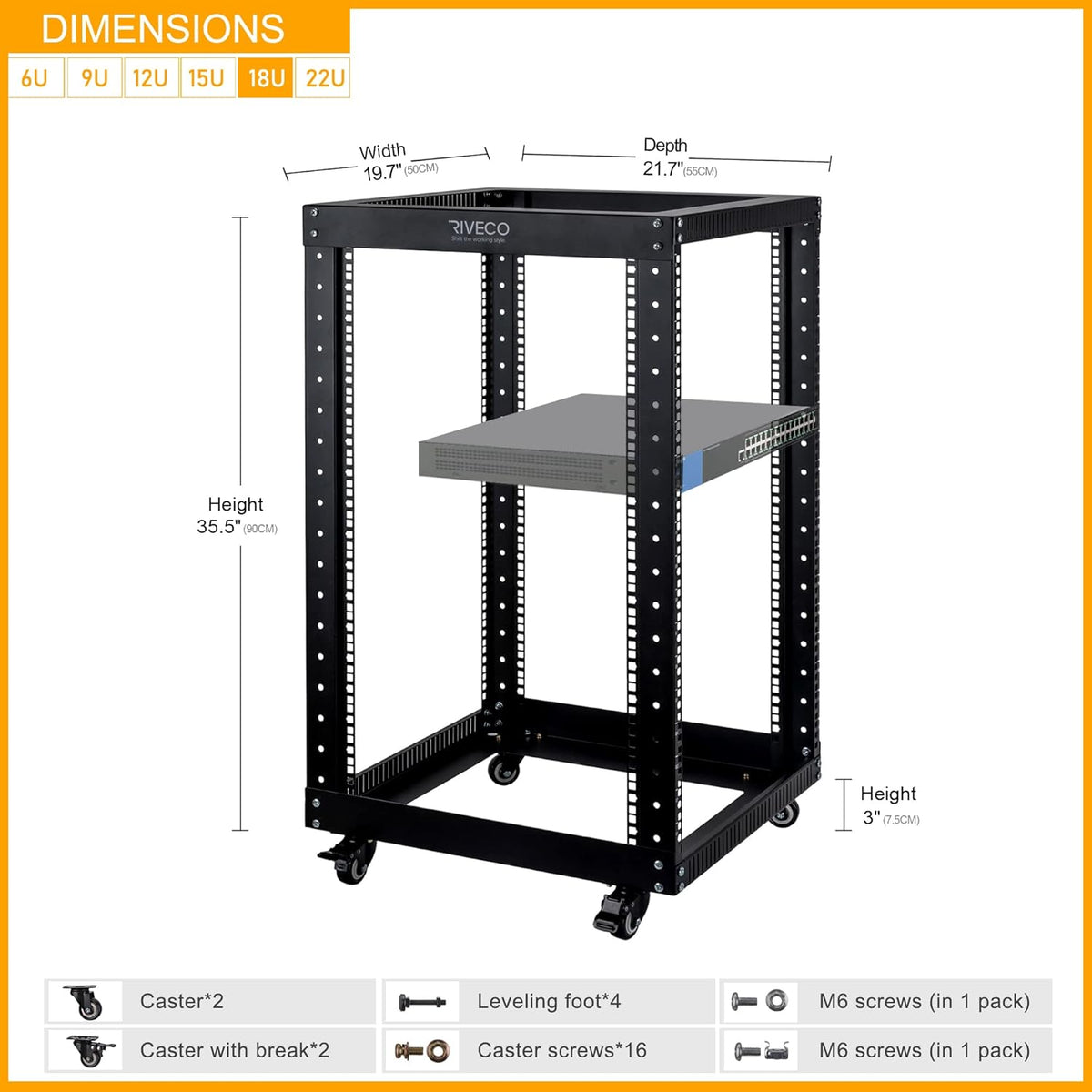 Black 18U Open Frame Server Rack with Brake Casters I6643