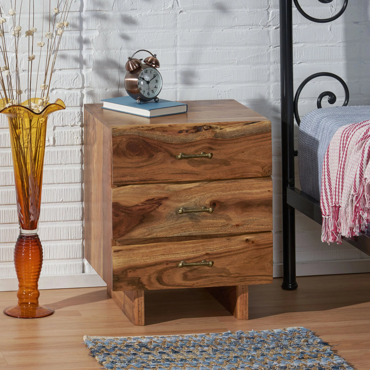 Acacia Wood 3 Drawer Nightstand I15872
