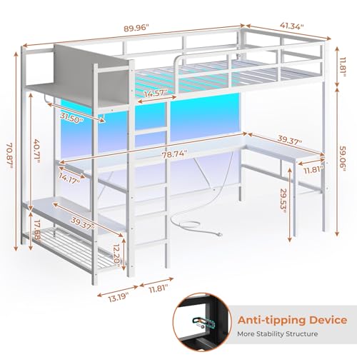 Twin Loft Bed with L-Shaped Desk, LED Lights and Storage Shelves G242080