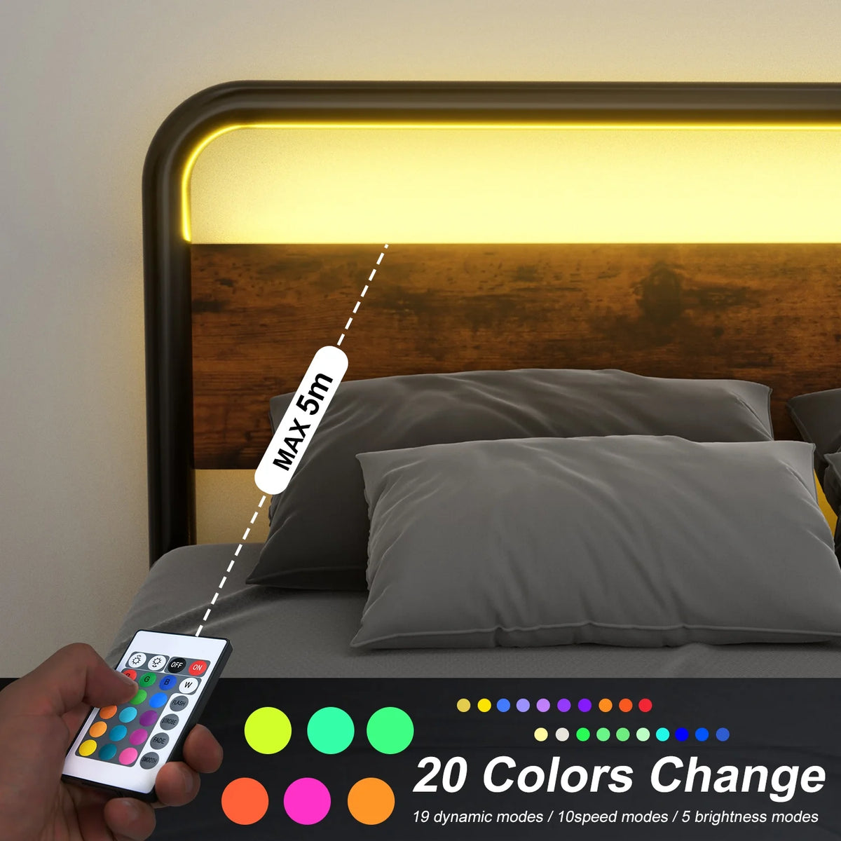 Queen Size Metal Platform Bed Frame with Wooden Headboard I56009