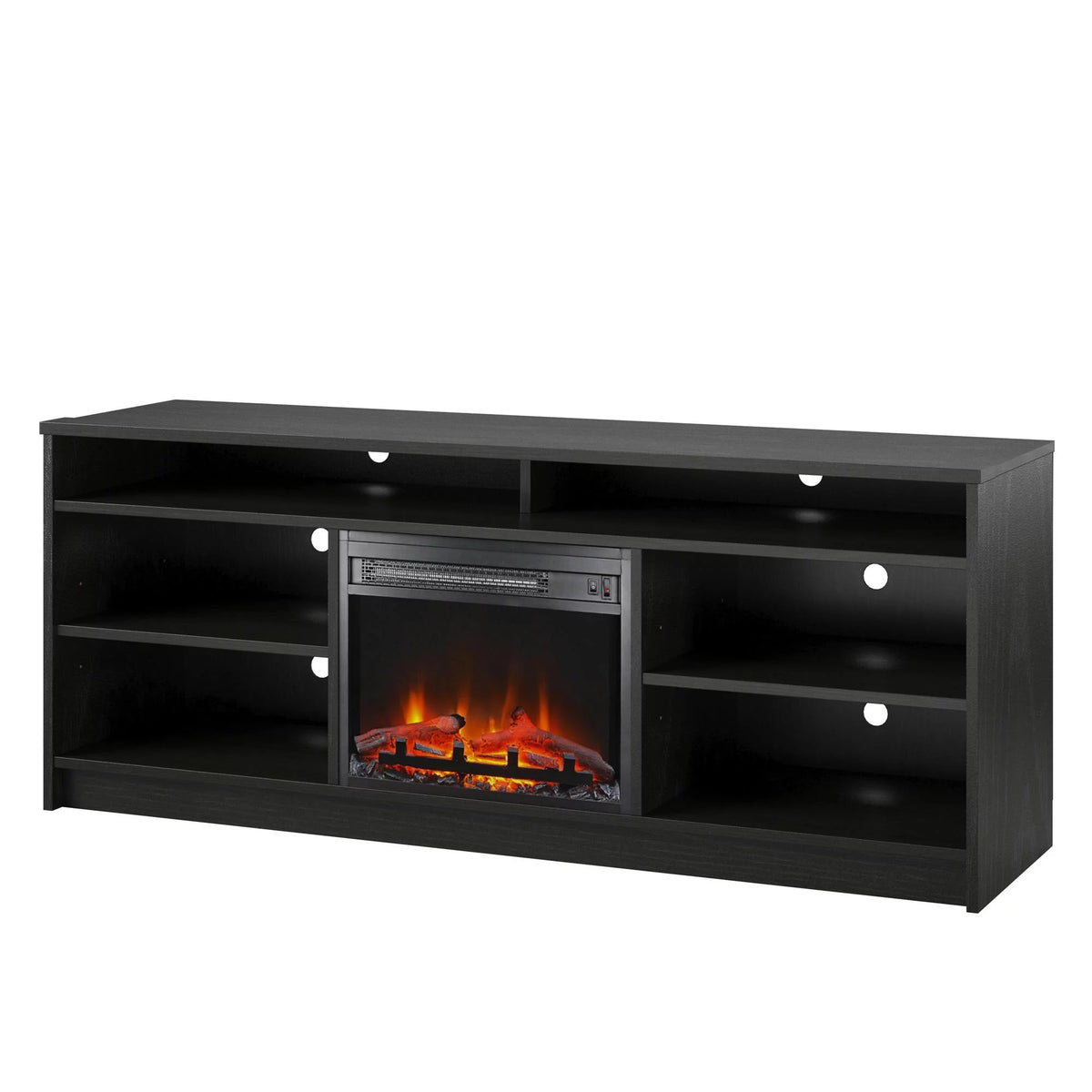 Black Oak TV Stand with Electric Fireplace Insert and 6 Shelves B9758