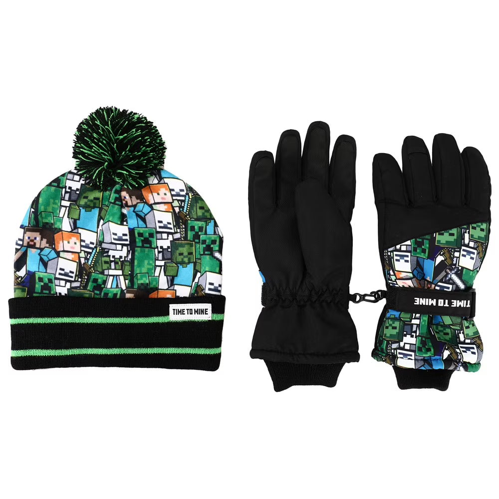 Kids Minecraft Fleece Knit Cuff Hat and Ski Gloves Set D9891