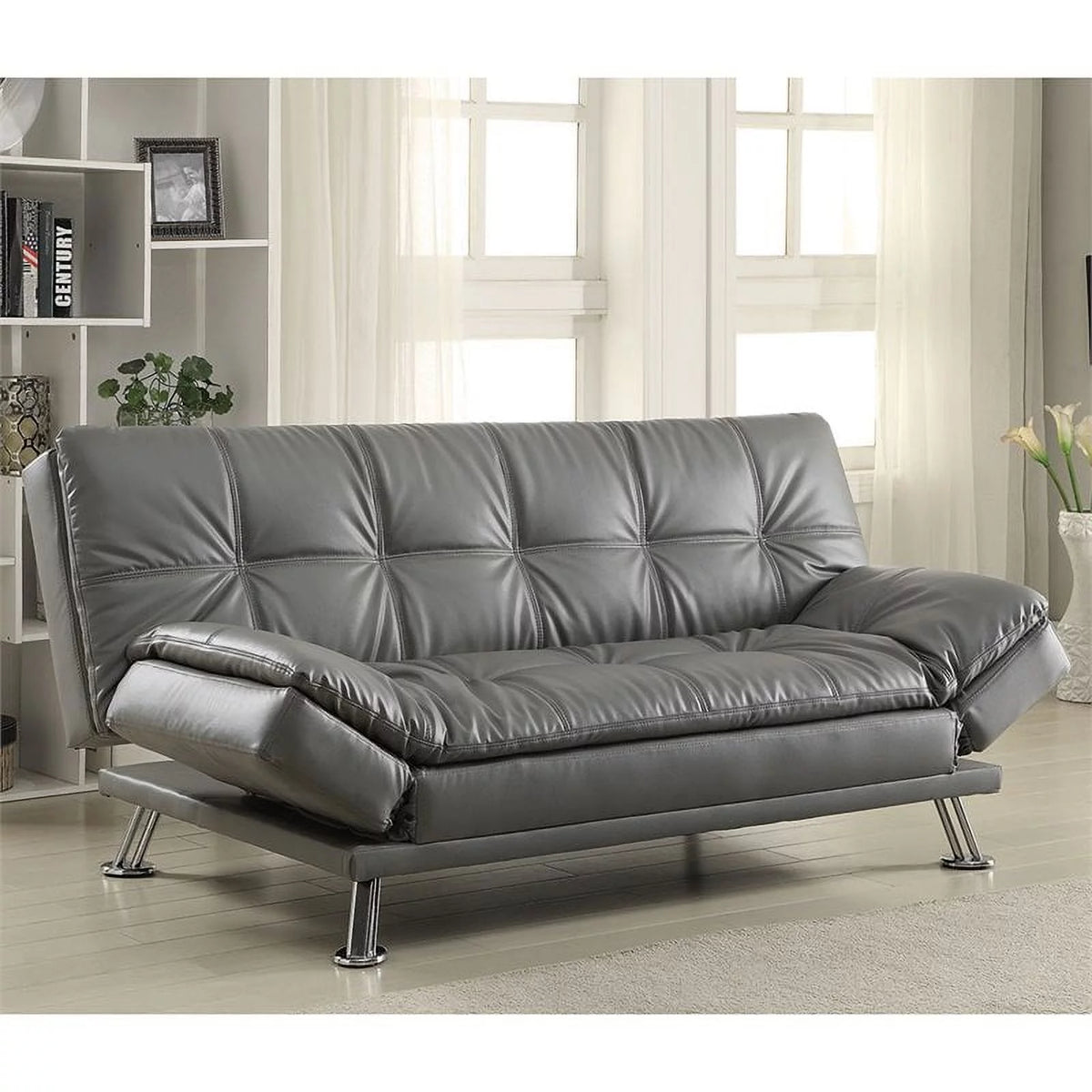 Dark Gray Faux Leather Tufted Sleeper Sofa O306