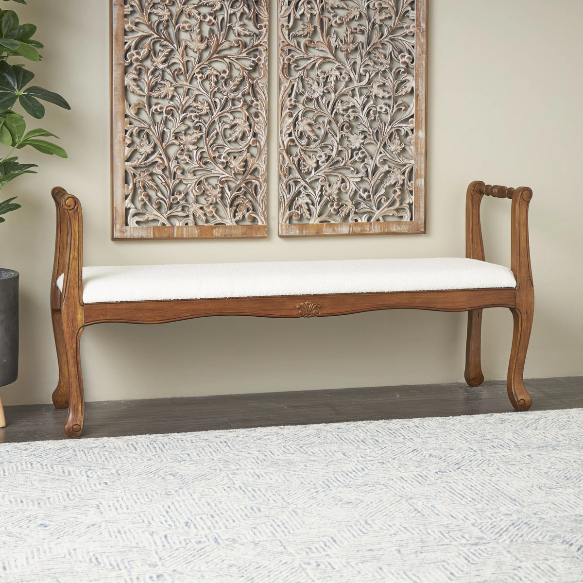 Fabric Arm Bench with Brown Wood Turned Legs X833