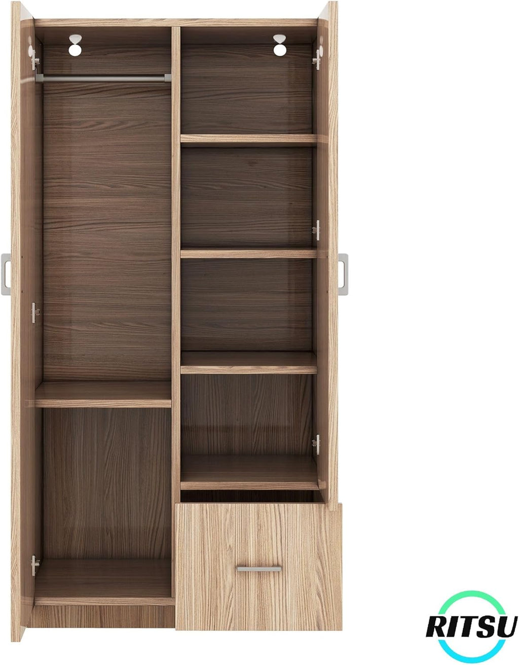 Natural Wooden Armoire Wardrobe with 2 Doors, 1 Drawer, 5 Open Shelves and Hanging Rod M263