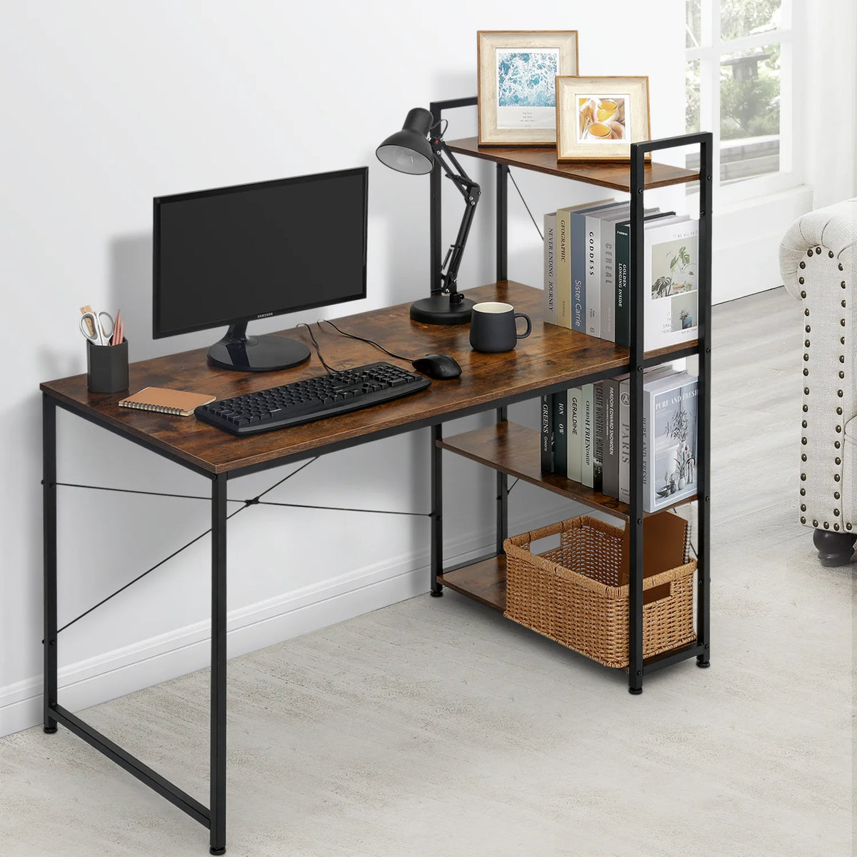 Brown Computer Desk with Storage Shelves D8111