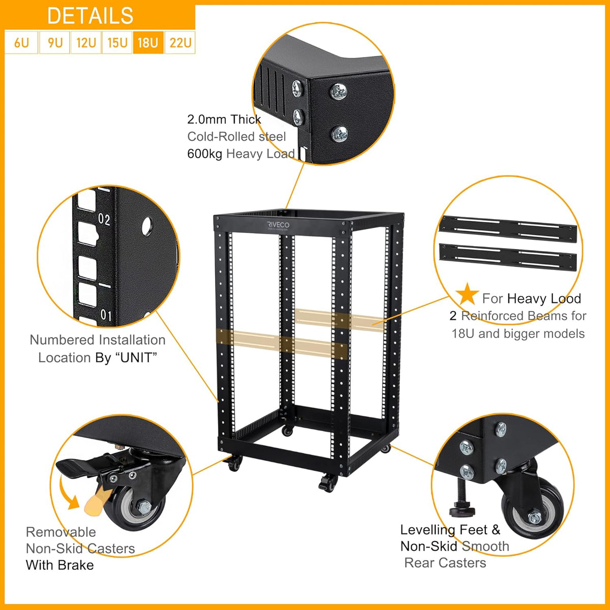 Black 18U Open Frame Server Rack with Brake Casters I6643