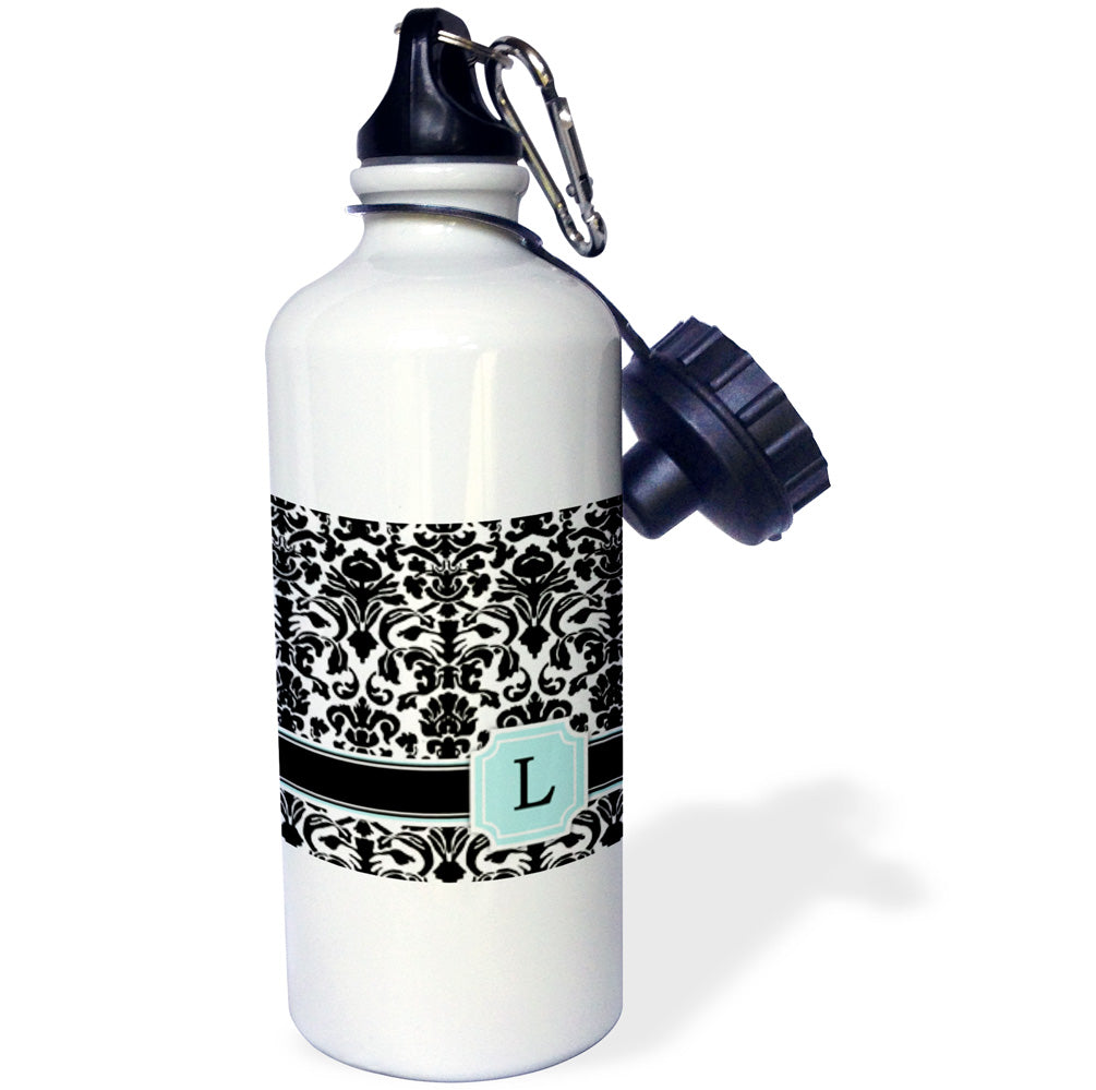 Mint Blue Black and White Damask Pattern Straw Water Bottle, 21-ounce T223243