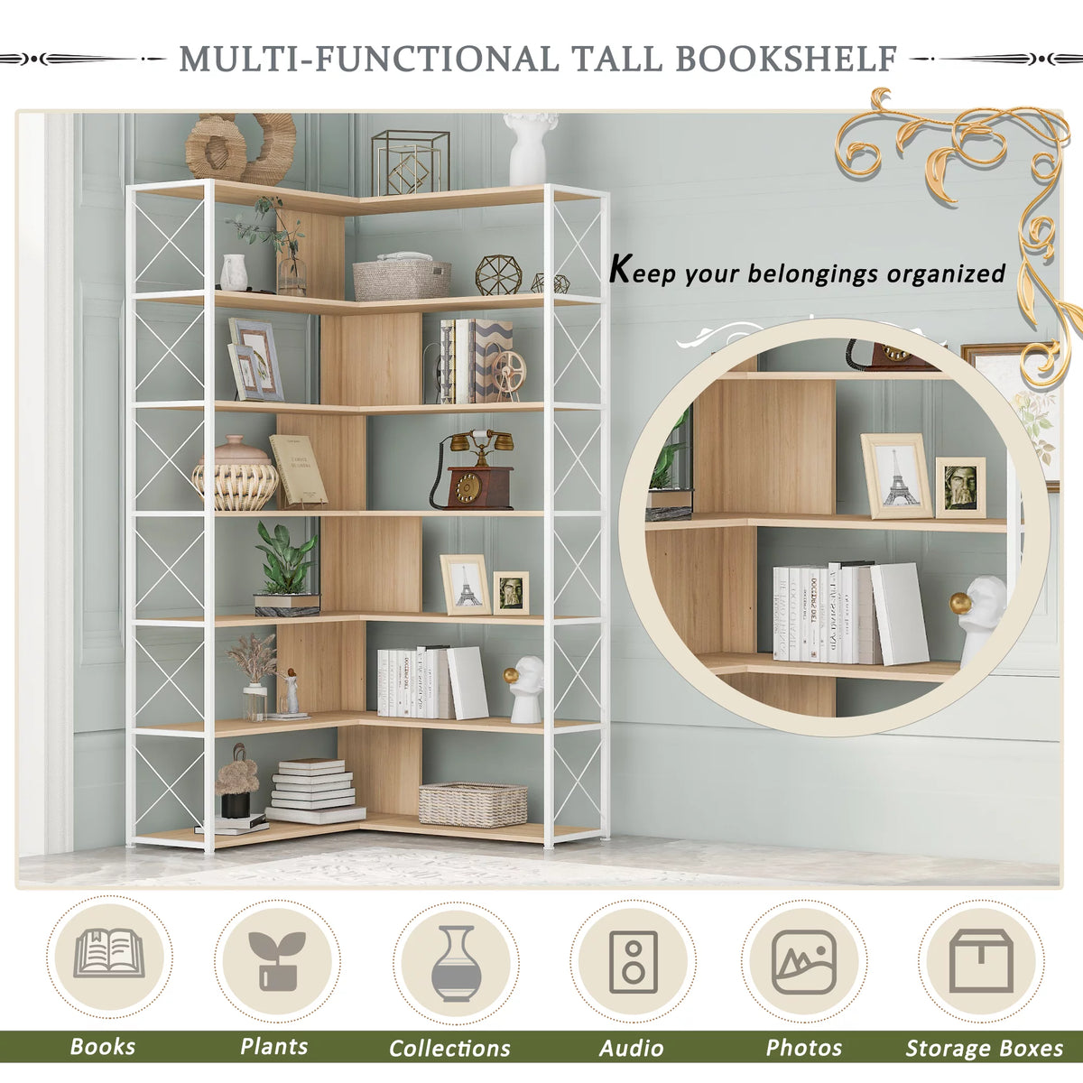 7-Tier L-Shaped Corner Bookshelf G561