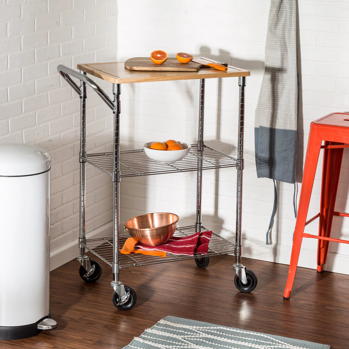 Steel and Wood 2-Tier Rolling Kitchen Storage Cart with Cutting Board Top P801