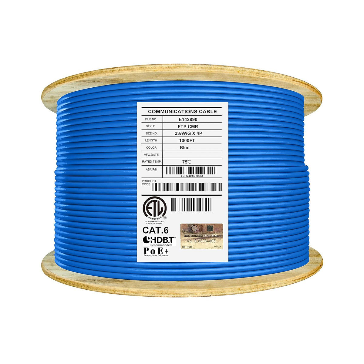 Bulk Ethernet Cable Reel, Cat6 Shielded Riser, 1000ft, F/UTP 23AWG, Solid Bare Copper, Orange L2141