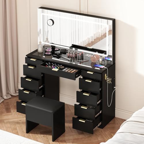 Vanity Desk with Sliding Lighted Mirror, Stool, 8 Storage Shelves, 5 Drawers, Charging Station H897815