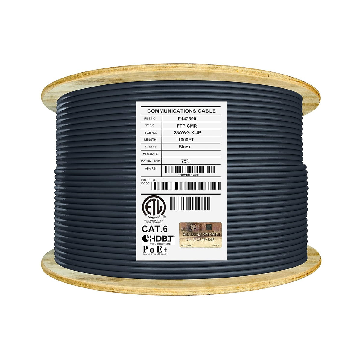 Bulk Ethernet Cable Reel, Cat6 Shielded Riser, 1000ft, F/UTP 23AWG, Solid Bare Copper, Orange L2141