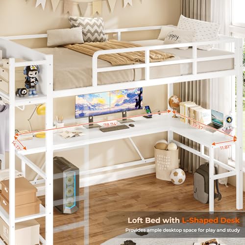 Twin Loft Bed with L-Shaped Desk, LED Lights and Storage Shelves G242080
