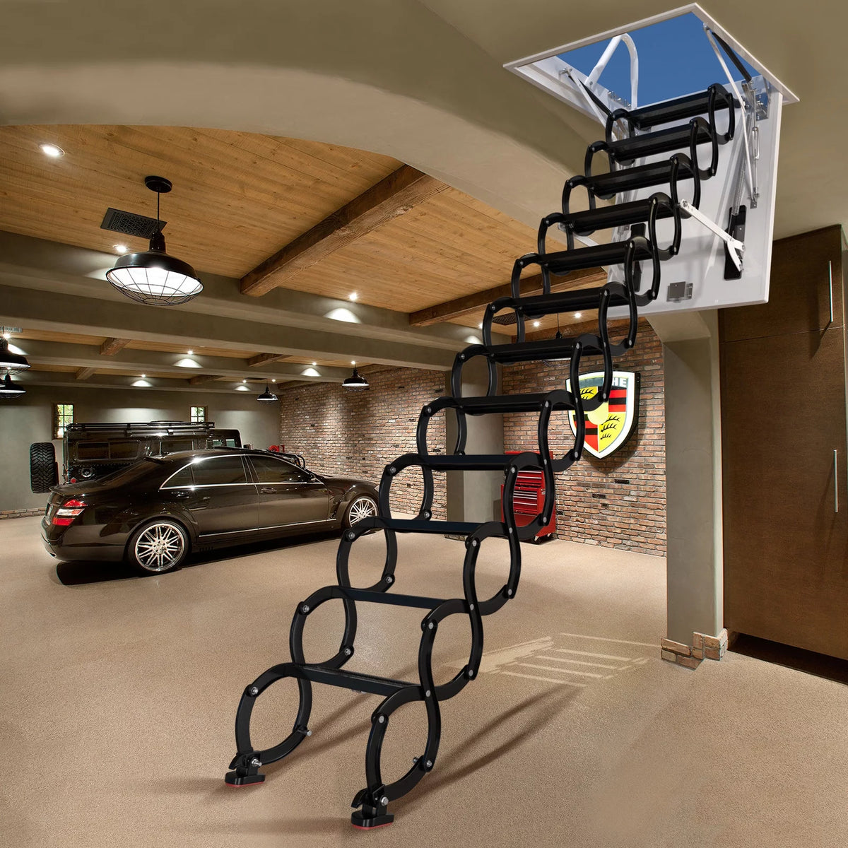 Black Loft Wall Folding Pulldown Attic Ceiling Ladder Stairs B714