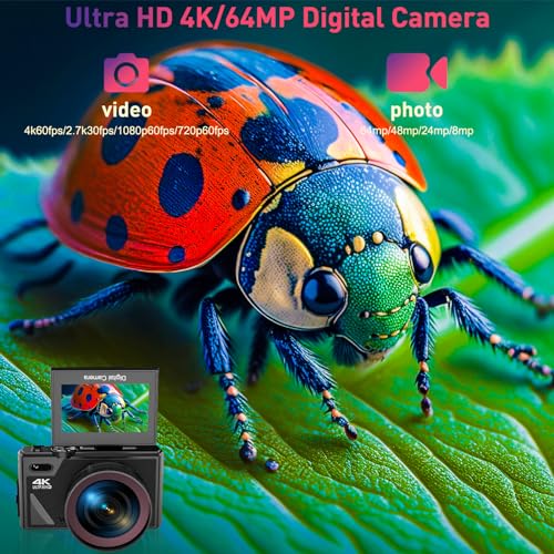 Black 64MP Digital Camera with 3" Flip Screen, 32GB SD Card, 2 Batteries T6699