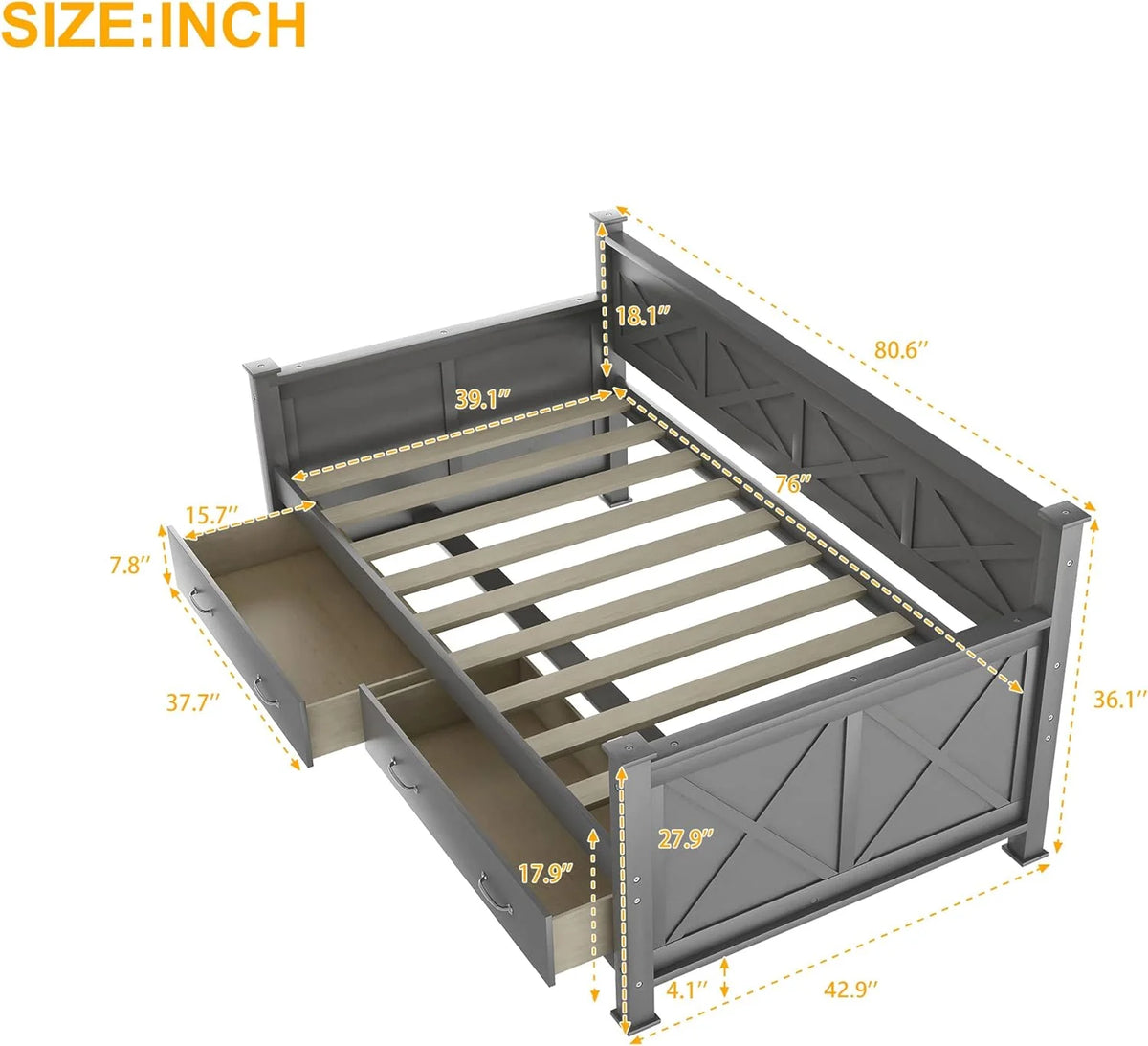 Wood Daybed Frame with Drawer N422