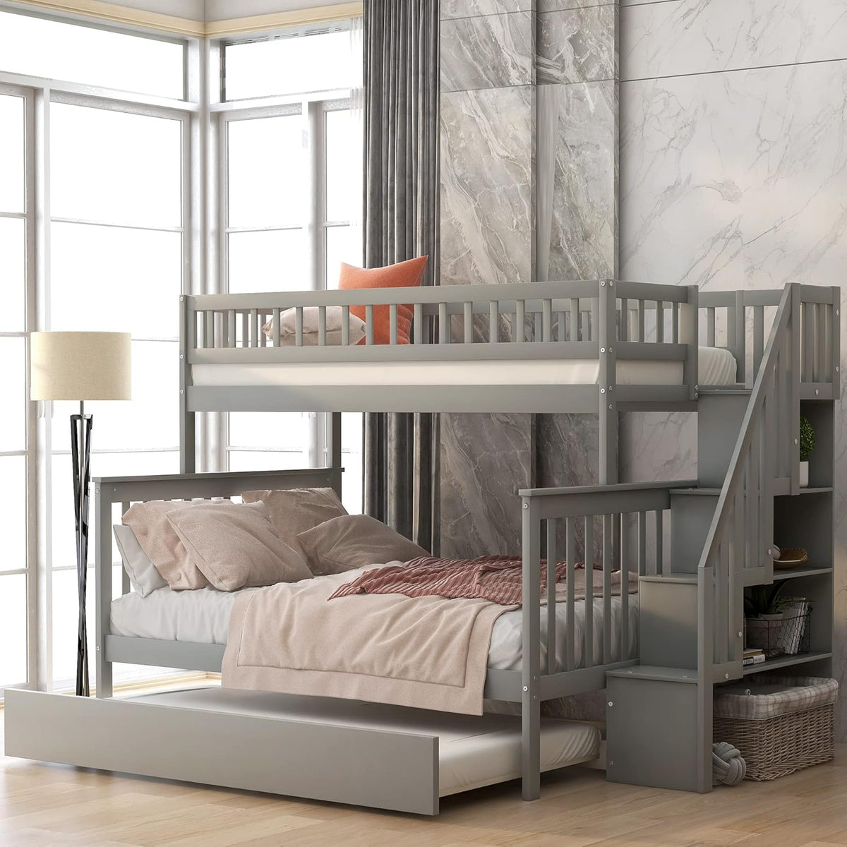 Gray Wood Twin Over Full Bunk Bed Frame with Trundle I320