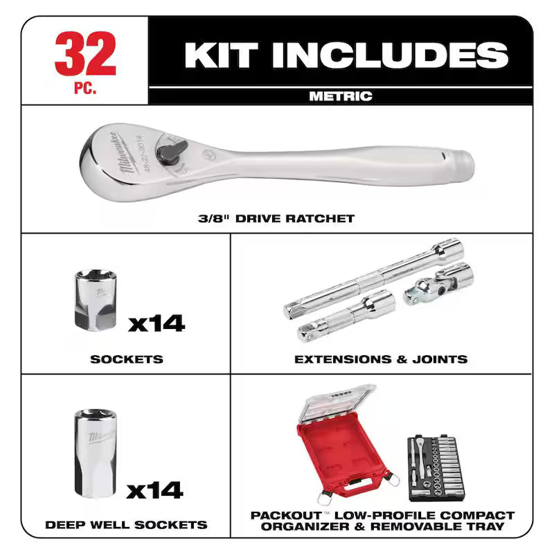 3/8 in. Drive Metric Ratchet and Socket Mechanics Tool Set 32-Piece W77432