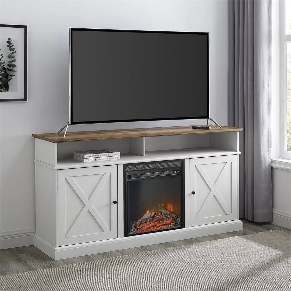 60" Tall Highboy Fireplace TV Stand in Rustic Oak/Brushed White R73579