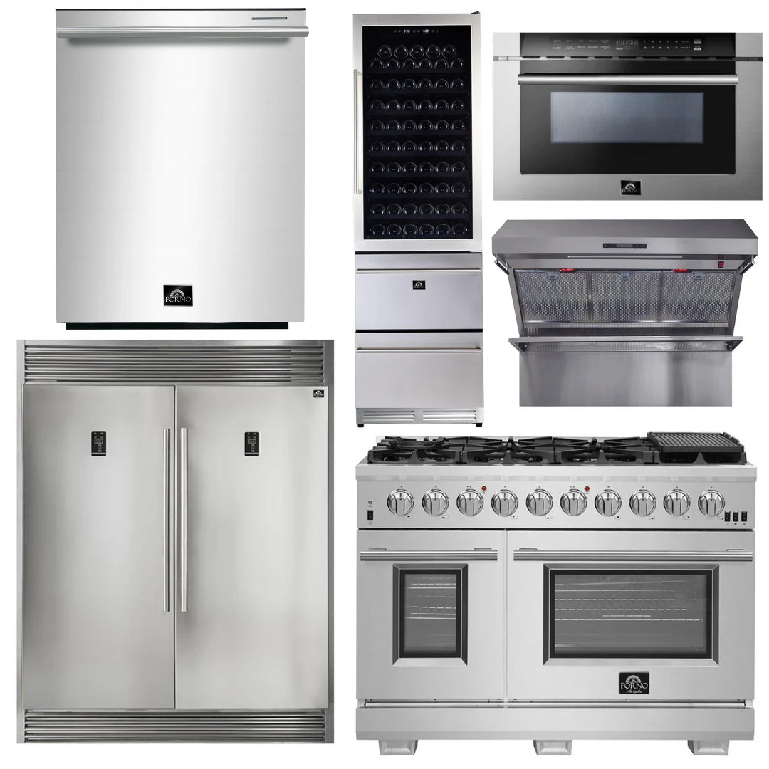 48 Inch Pro Gas Range, Range Hood, Refrigerator, Microwave Drawer, Dishwasher, Wine Cooler V4580