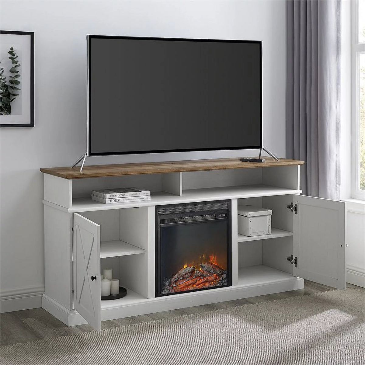 60" Tall Highboy Fireplace TV Stand in Rustic Oak/Brushed White R73579