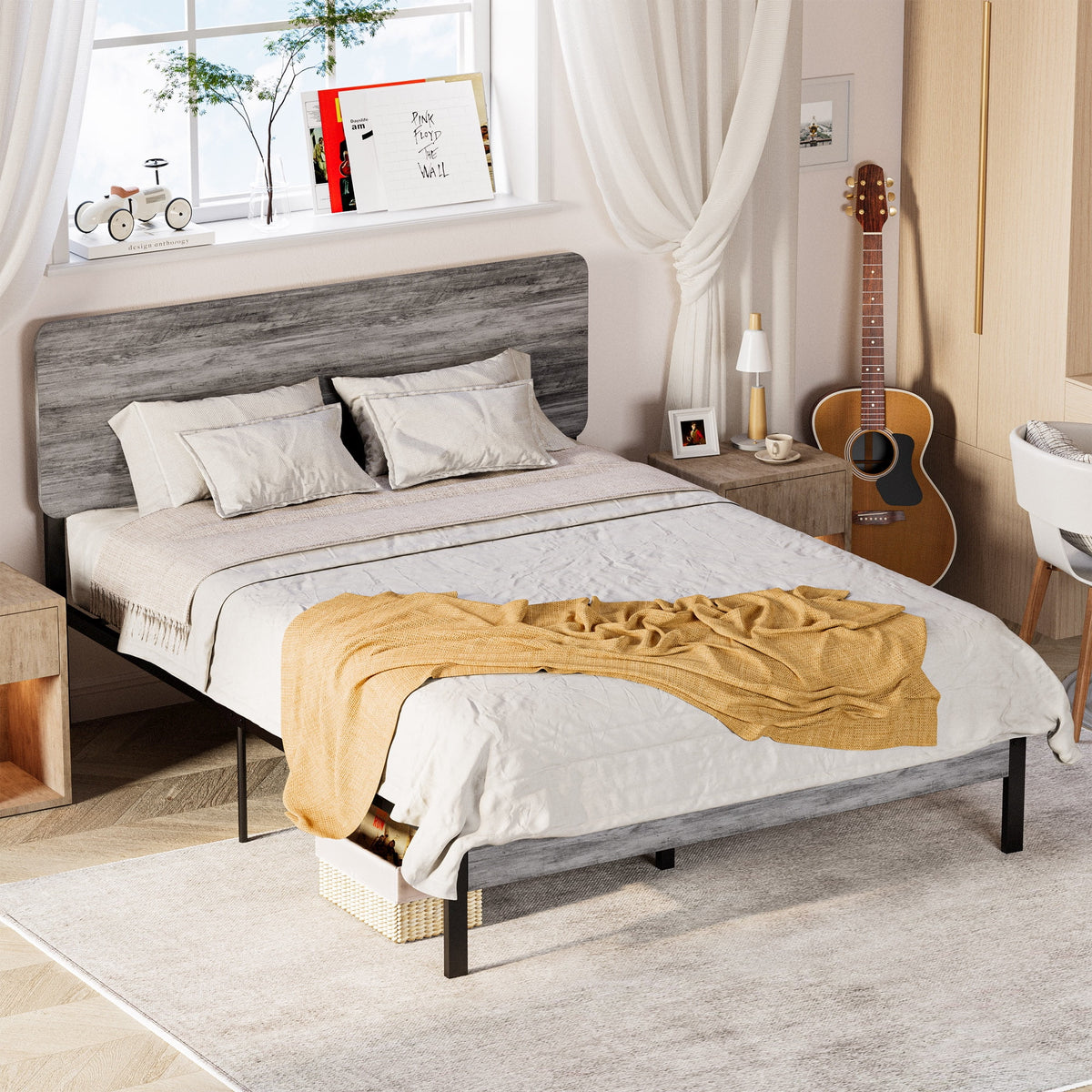 Queen Platform Bed Frame with Headboard D14421