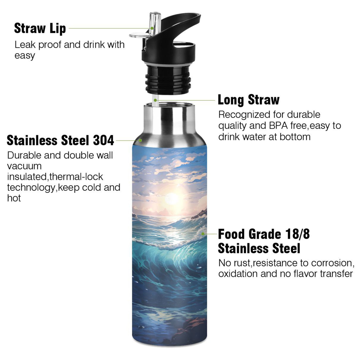 Stainless Steel Insulated Thermos Vacuum Flask Water Bottle with Straw Lid A2234