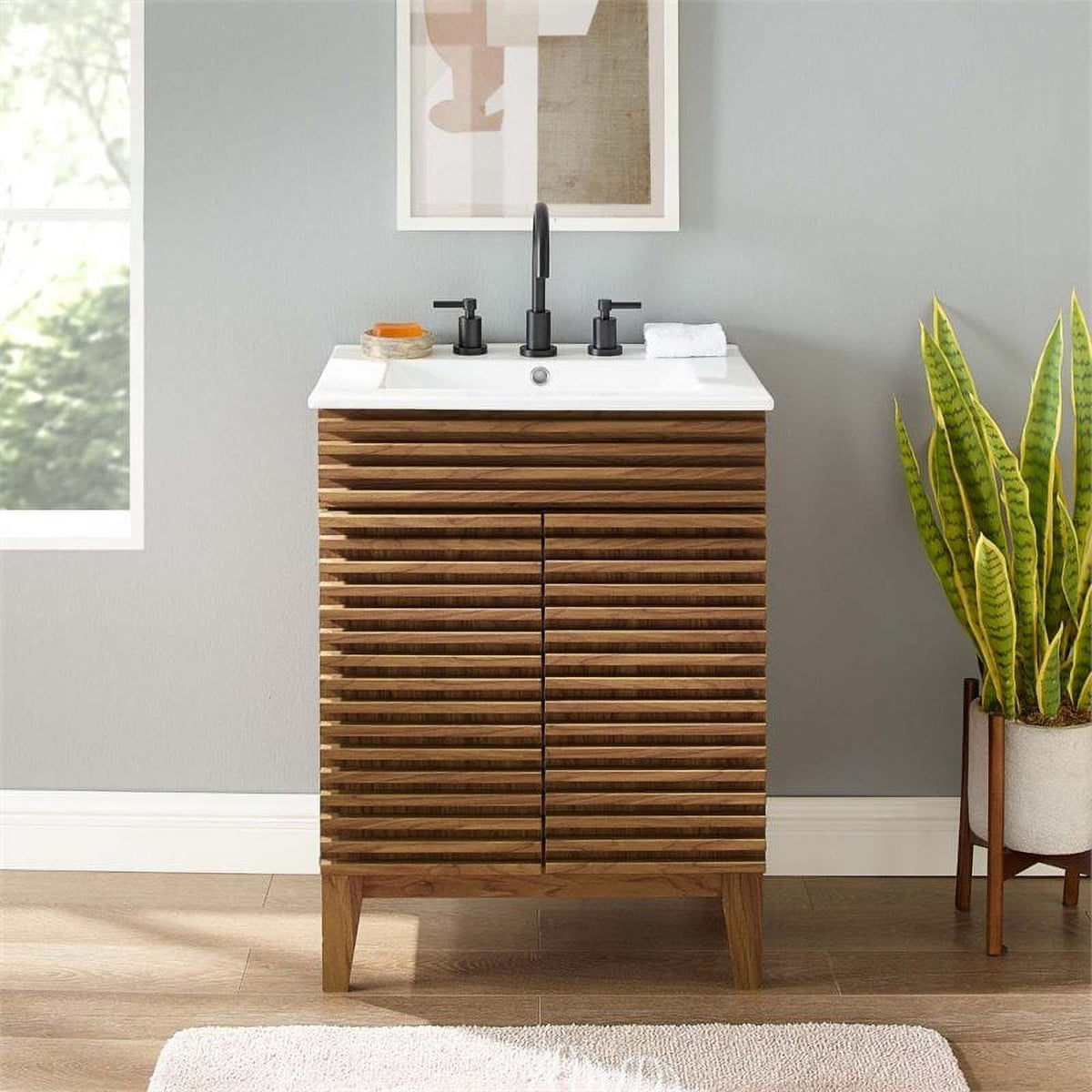 Walnut/White Wood Bathroom Vanity with Storage Shelf G994