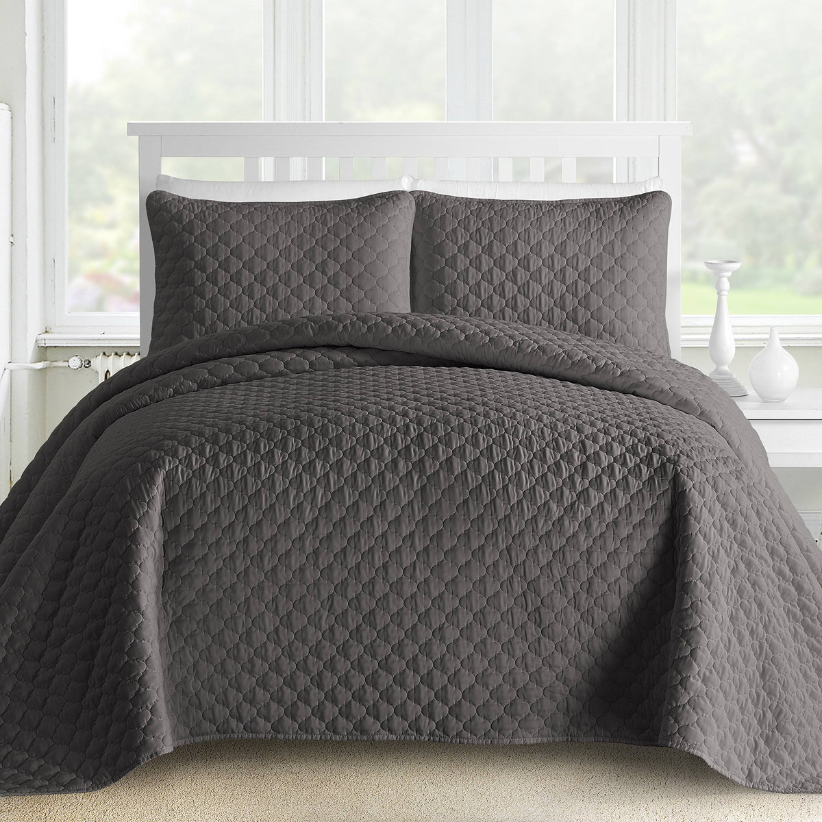 Quilted 3-Piece Bedspread Coverlet Set King Cal King Gray O139