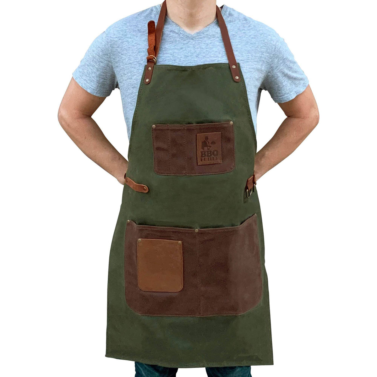 Green Waxed Canvas Apron with Leather Accents H67661
