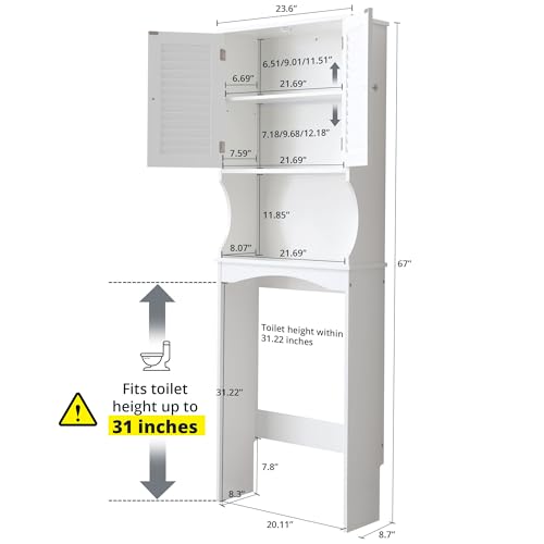 White 3-Tier Over The Toilet Storage Cabinet with Double Doors, 23 x 67 inches Y823964