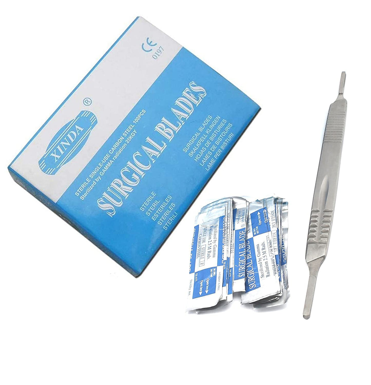 1 Scalpel Knife Handle # 3 & 4 with 100 Pieces Carbon Steel Scalpel Blade STERILE T5124