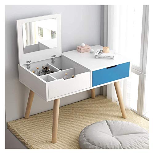 White Blue 2-in-1 Vanity Desk with Flip Top Mirror and Drawers L764