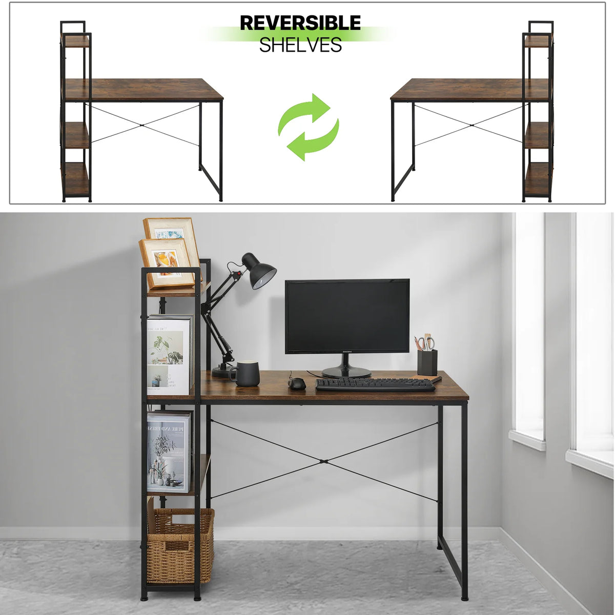 Brown Computer Desk with Storage Shelves D8111