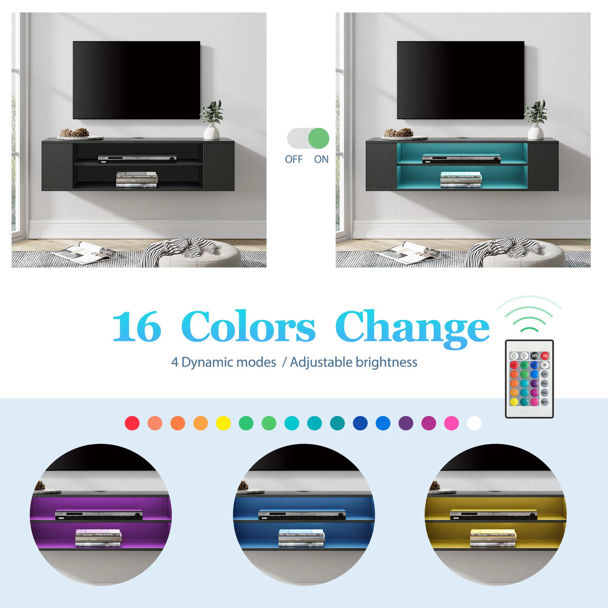 Black 39.4 inch Floating TV Stand with Adjustable Shelves F38933