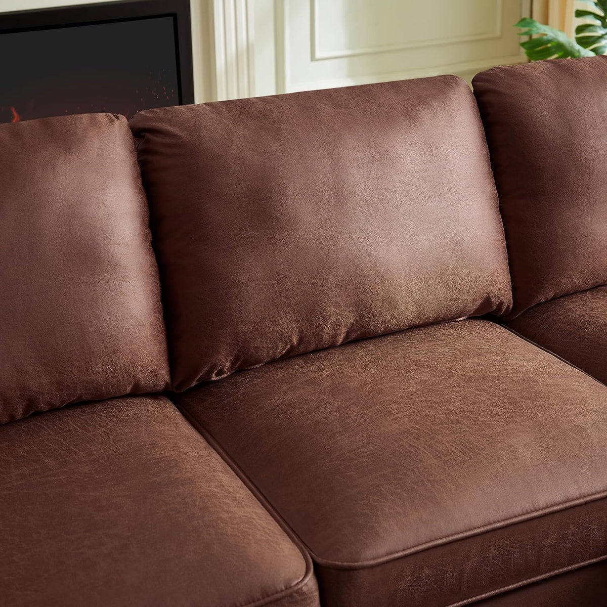 Mid Century Suede Leather Sofa with Right Chaise Lounge, 3 Seater L-Shaped Couch V609