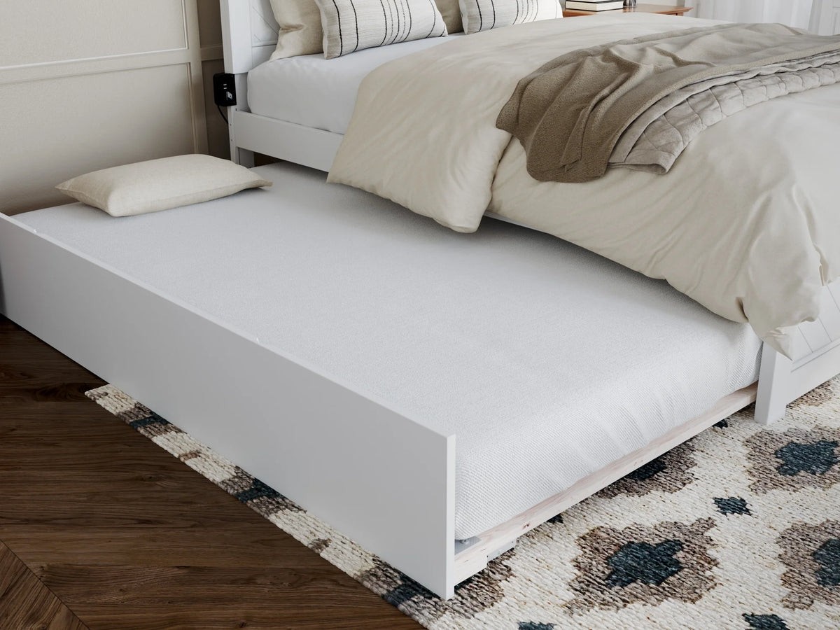 White Solid Wood Platform Bed with Footboard & Full Trundle T790