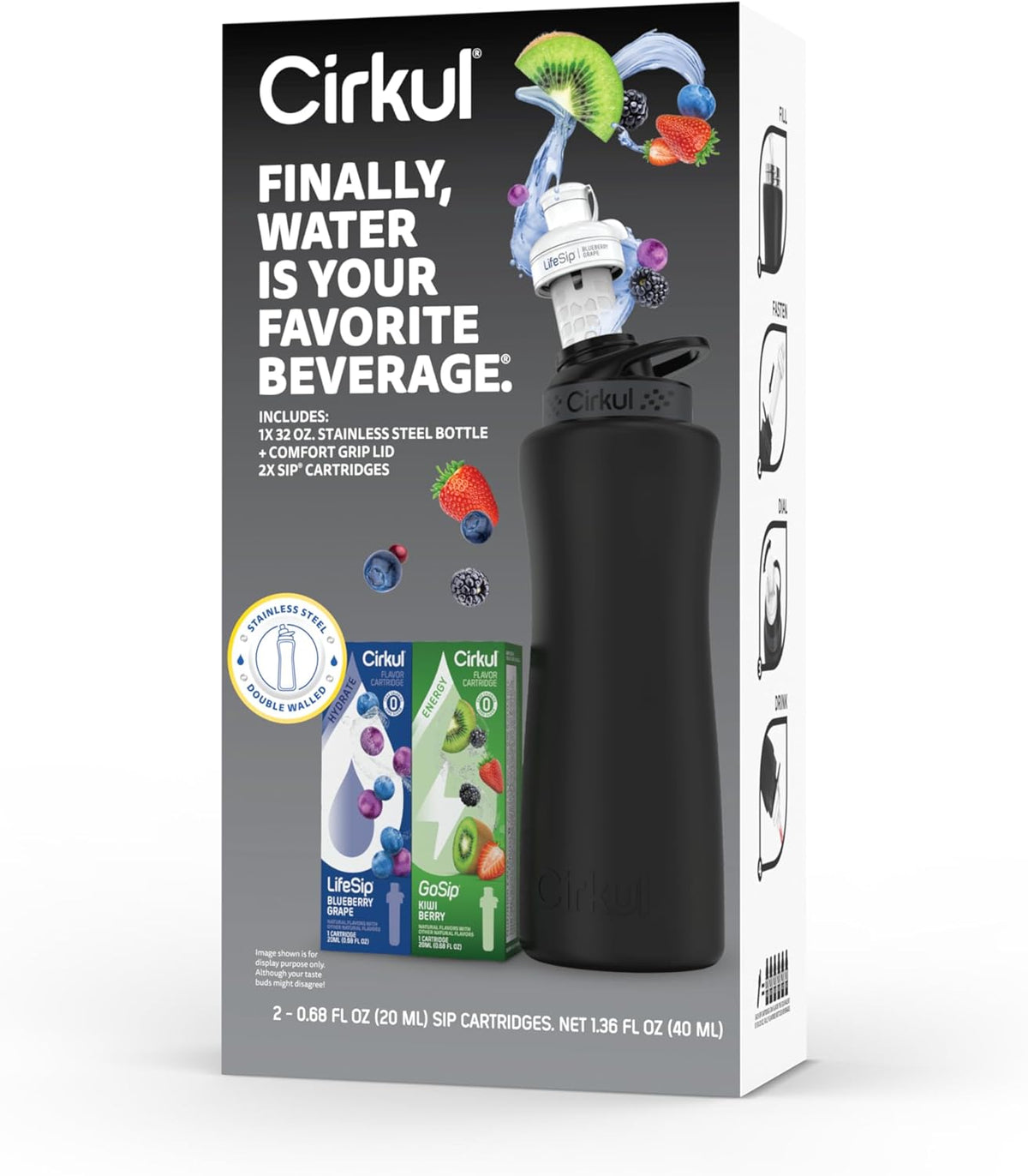 32oz Matte Black Stainless Steel Water Bottle with Black Lid and 2 Flavor Cartridges C861576