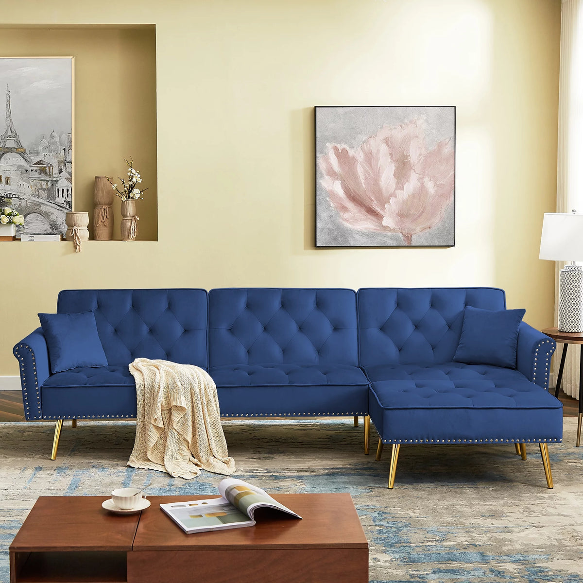 Blue Velvet L-Shaped Sectional Sleeper Sofa with Chaise I149