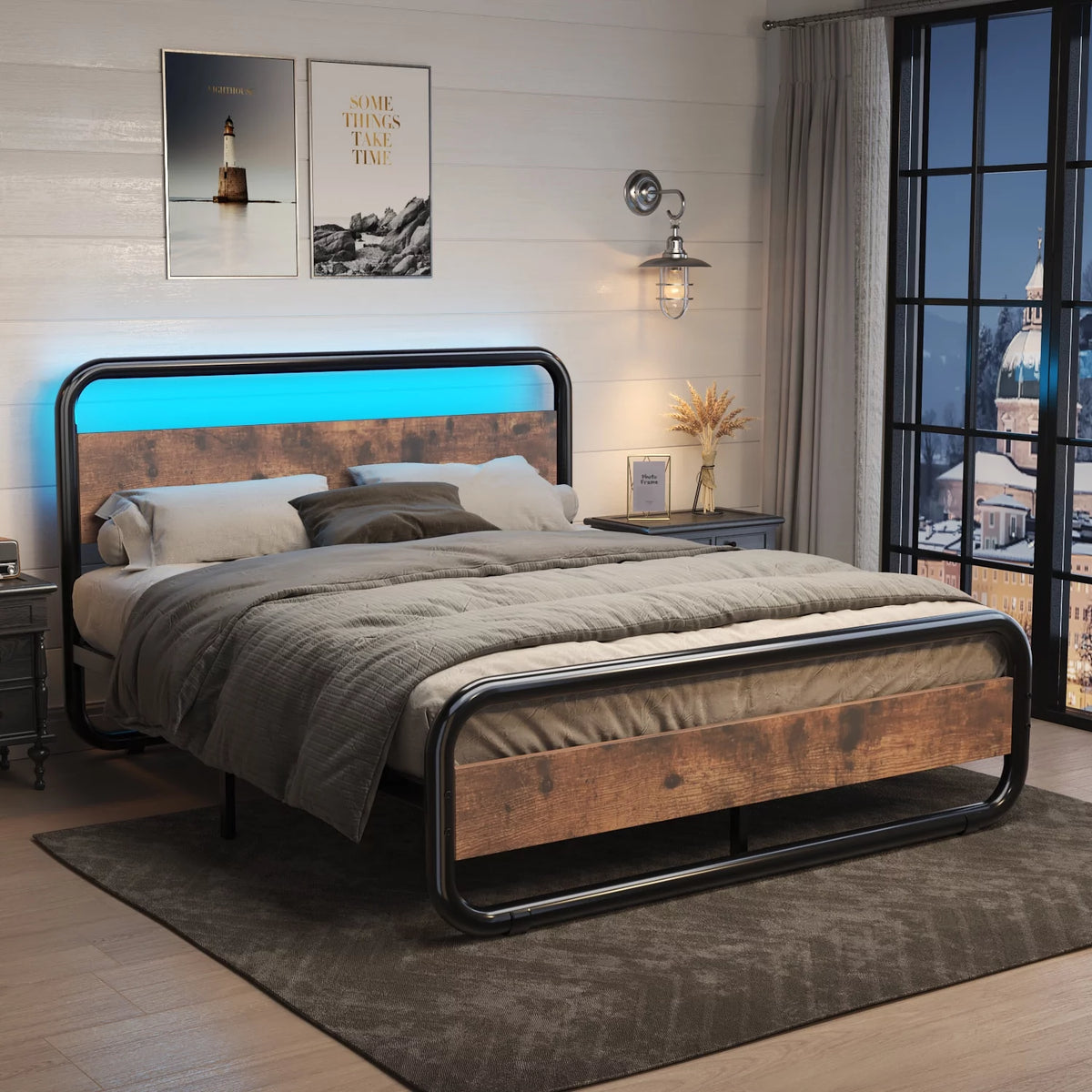 Queen Size Metal Platform Bed Frame with Wooden Headboard I56009