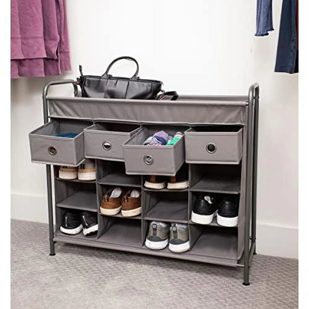 Grey 16 Cubby Shoe Rack Organizer with 4 Drawers U1896