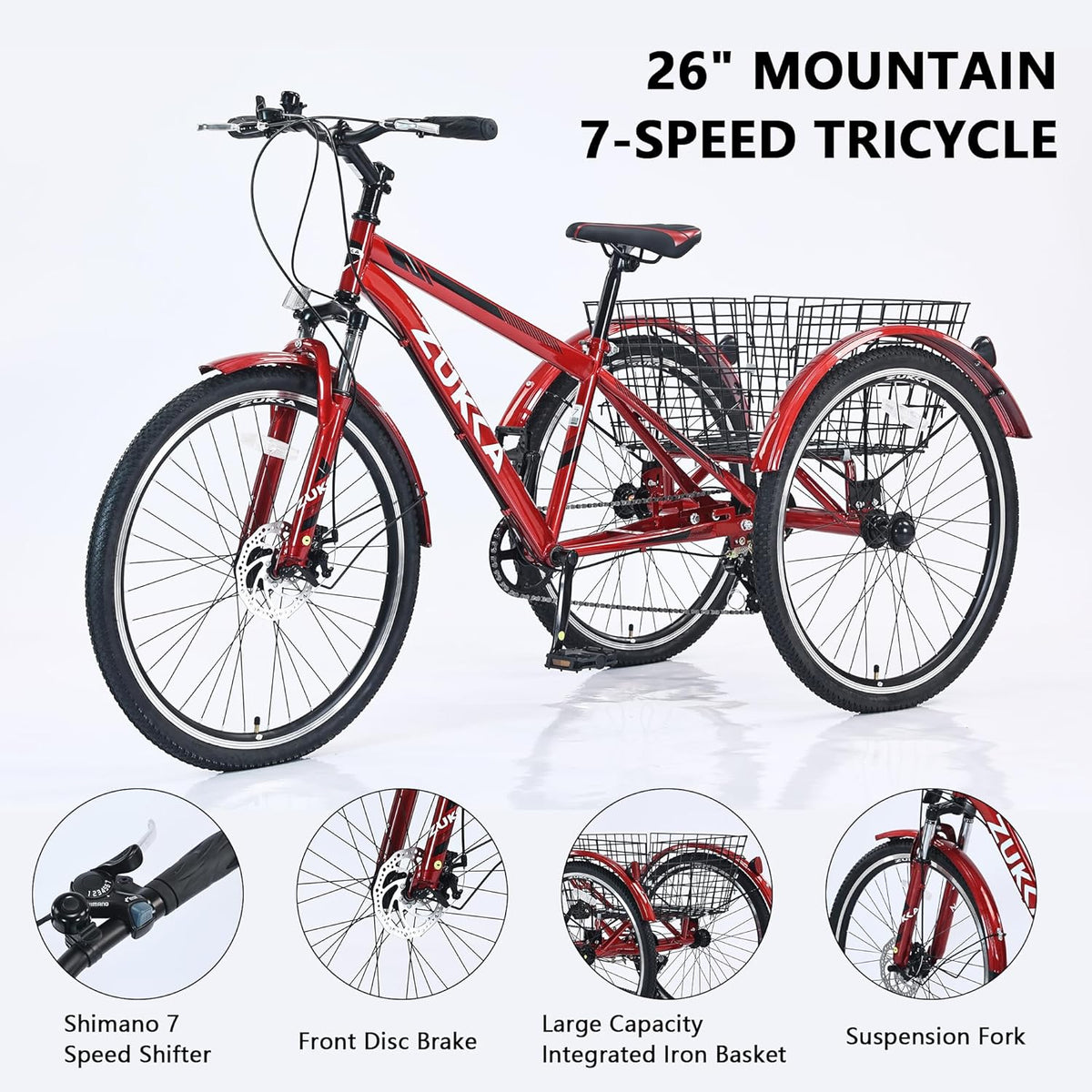 7-Speed 26-Inch 3 Wheels Adult Tricycle with Rear Basket P9358