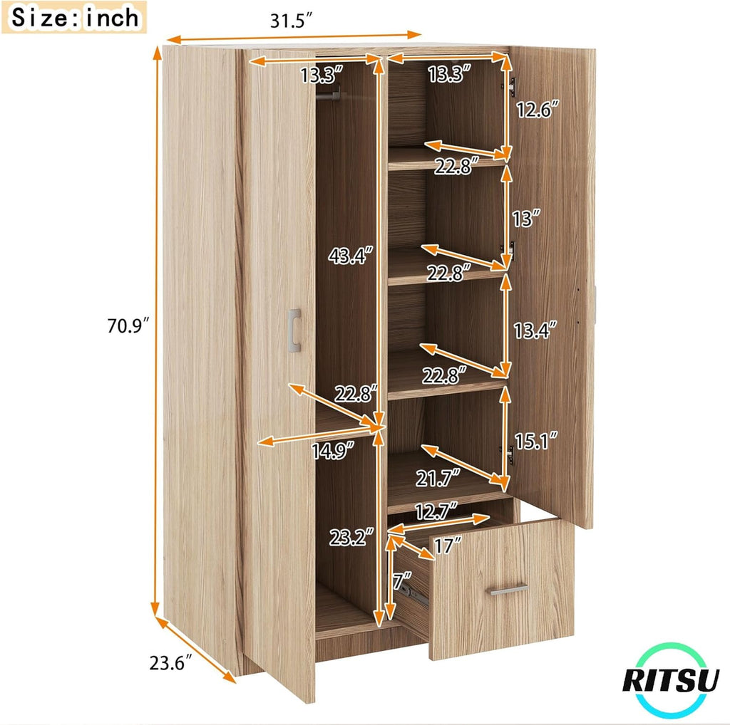Natural Wooden Armoire Wardrobe with 2 Doors, 1 Drawer, 5 Open Shelves and Hanging Rod M263