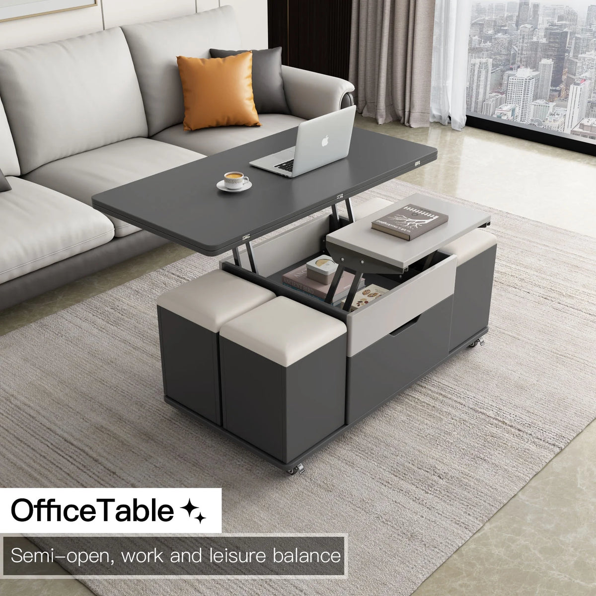 3 in-1 Lift Top Coffee Table with 4 PU Stools P149305