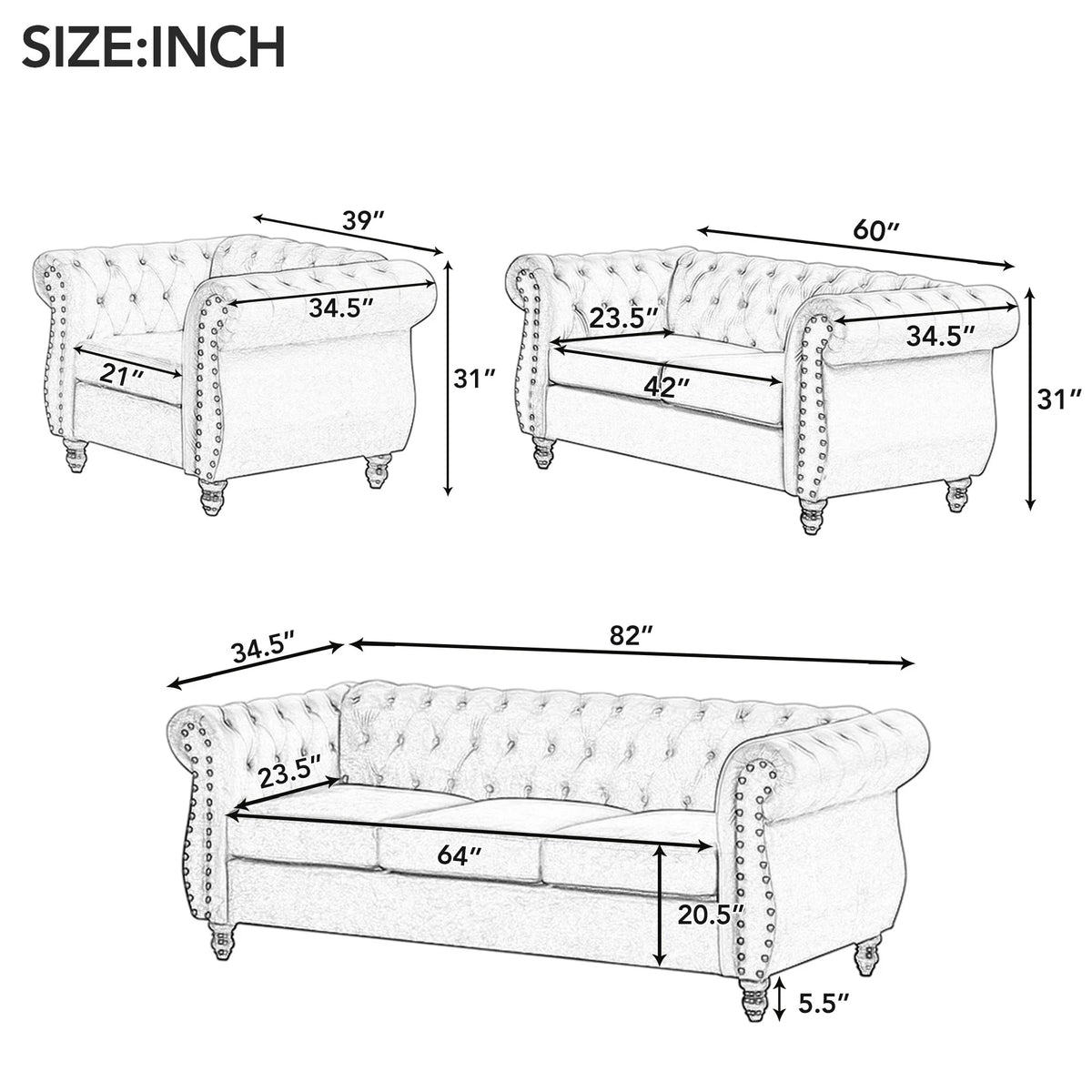 Blue 3-Seat Upholstered Sofa with Metal Legs E142263